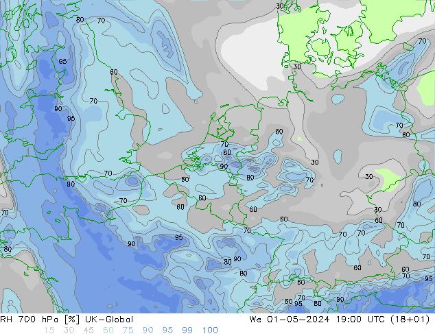 RH 700 гПа UK-Global ср 01.05.2024 19 UTC