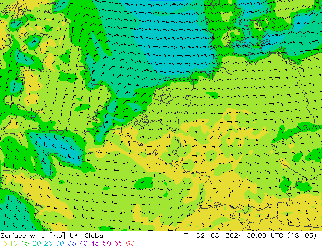 Viento 10 m UK-Global jue 02.05.2024 00 UTC