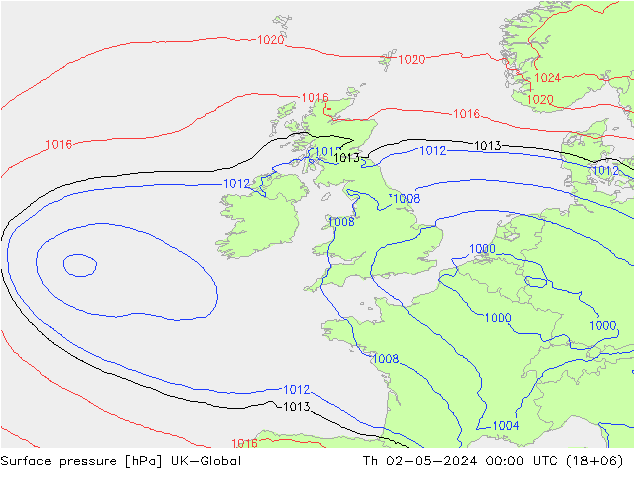 Presión superficial UK-Global jue 02.05.2024 00 UTC