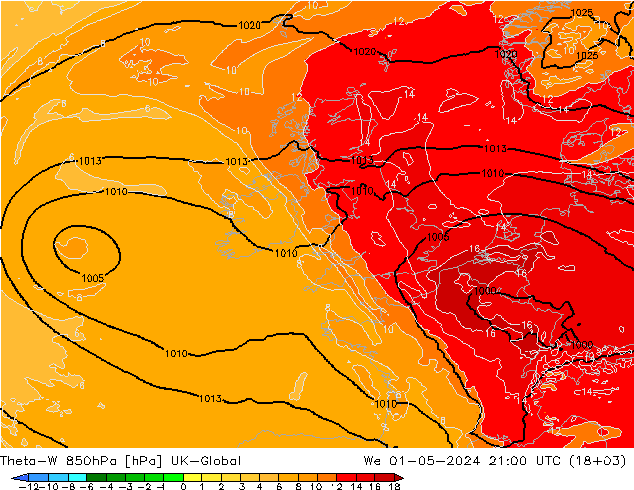Theta-W 850hPa UK-Global Çar 01.05.2024 21 UTC