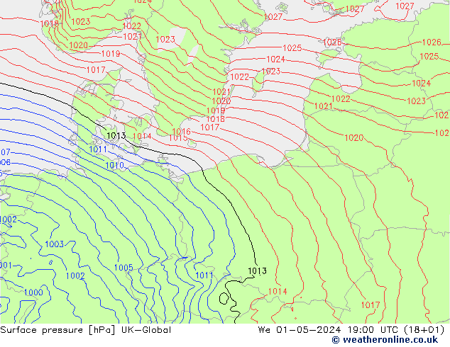 Surface pressure UK-Global We 01.05.2024 19 UTC