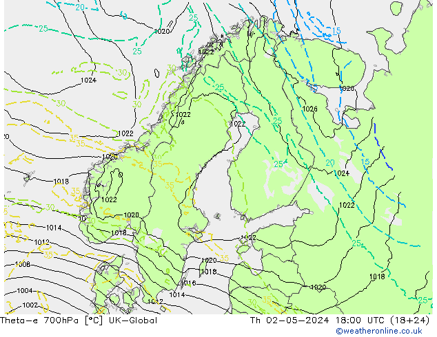 Theta-e 700hPa UK-Global Th 02.05.2024 18 UTC