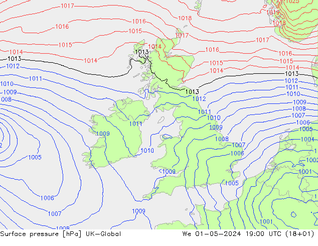 Presión superficial UK-Global mié 01.05.2024 19 UTC
