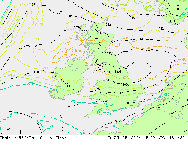 Theta-e 850hPa UK-Global ven 03.05.2024 18 UTC