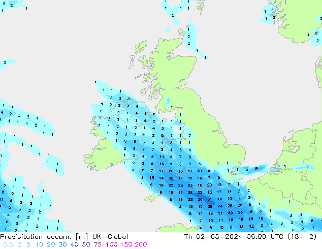 Precipitation accum. UK-Global Čt 02.05.2024 06 UTC