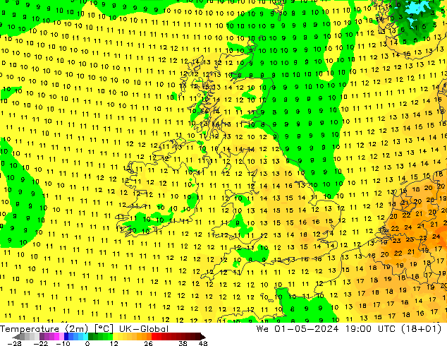 Temperatura (2m) UK-Global mer 01.05.2024 19 UTC