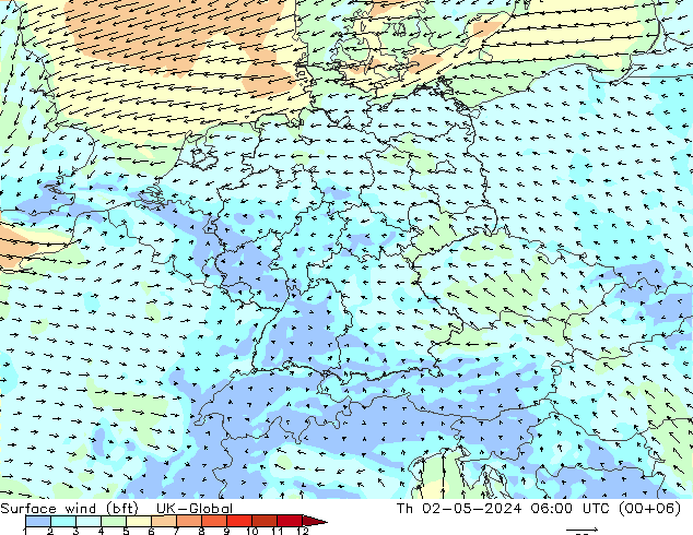 Viento 10 m (bft) UK-Global jue 02.05.2024 06 UTC