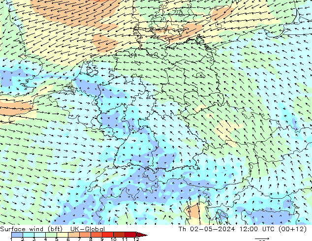 Surface wind (bft) UK-Global Th 02.05.2024 12 UTC