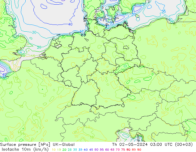 Isotachs (kph) UK-Global Th 02.05.2024 03 UTC