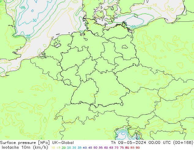 Isotachs (kph) UK-Global чт 09.05.2024 00 UTC