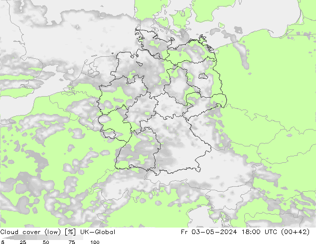 Cloud cover (low) UK-Global Fr 03.05.2024 18 UTC