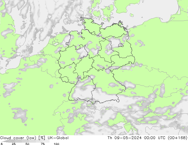 Bewolking (Laag) UK-Global do 09.05.2024 00 UTC