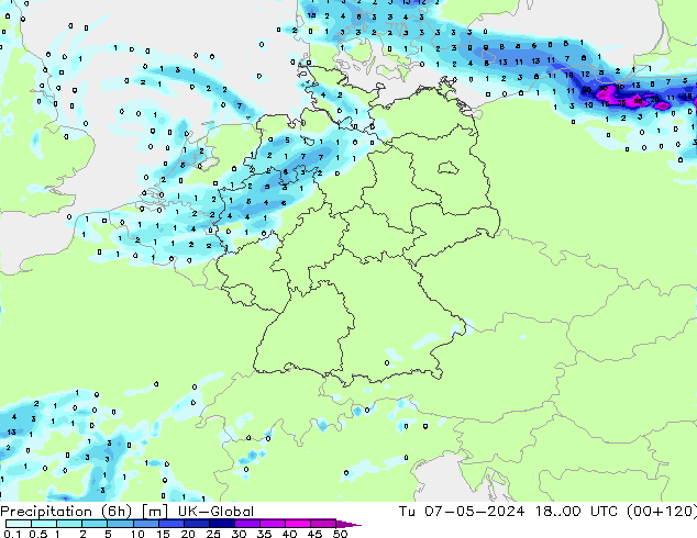 Precipitazione (6h) UK-Global mar 07.05.2024 00 UTC