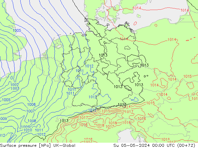 Pressione al suolo UK-Global dom 05.05.2024 00 UTC