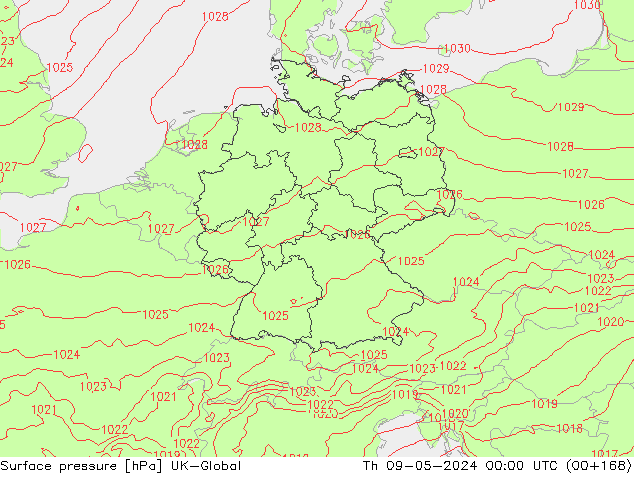 Pressione al suolo UK-Global gio 09.05.2024 00 UTC