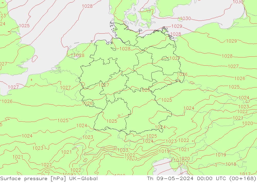 Surface pressure UK-Global Th 09.05.2024 00 UTC