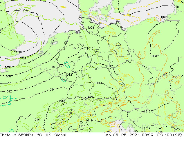 Theta-e 850hPa UK-Global Pzt 06.05.2024 00 UTC