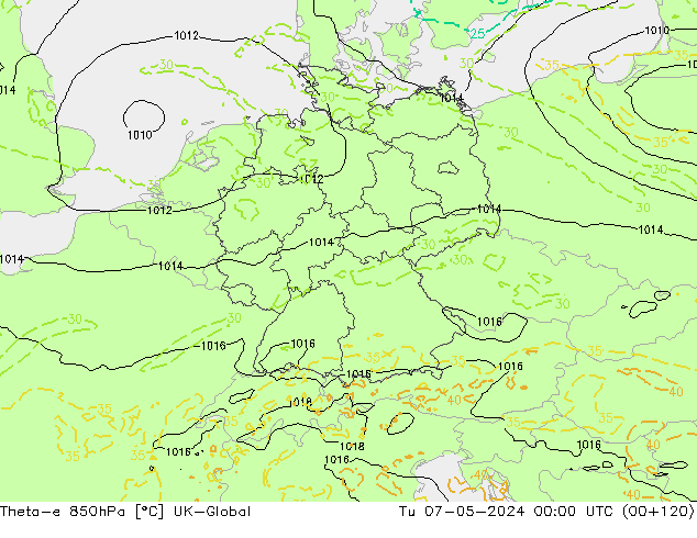 Theta-e 850hPa UK-Global Sa 07.05.2024 00 UTC
