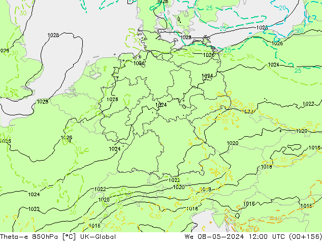 Theta-e 850hPa UK-Global We 08.05.2024 12 UTC