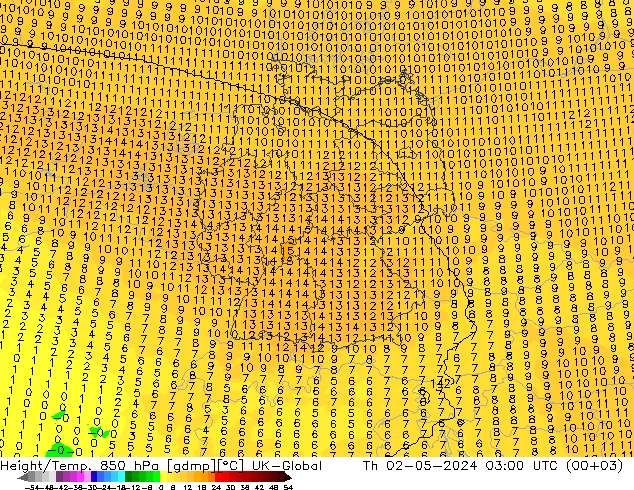 Geop./Temp. 850 hPa UK-Global jue 02.05.2024 03 UTC