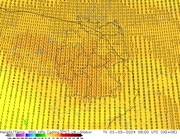 Height/Temp. 850 hPa UK-Global 星期四 02.05.2024 06 UTC