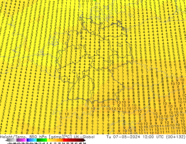 Height/Temp. 850 hPa UK-Global mar 07.05.2024 12 UTC