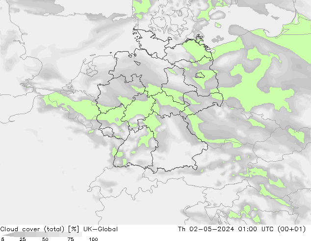 Nubes (total) UK-Global jue 02.05.2024 01 UTC