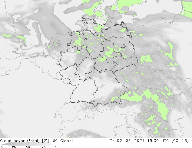 Cloud cover (total) UK-Global Čt 02.05.2024 15 UTC