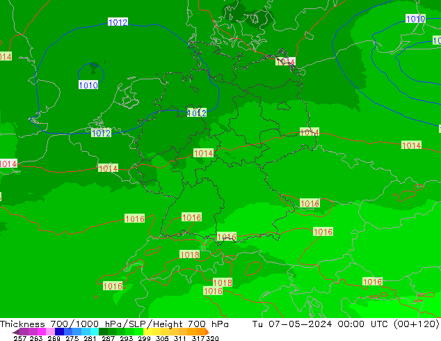 Thck 700-1000 гПа UK-Global вт 07.05.2024 00 UTC