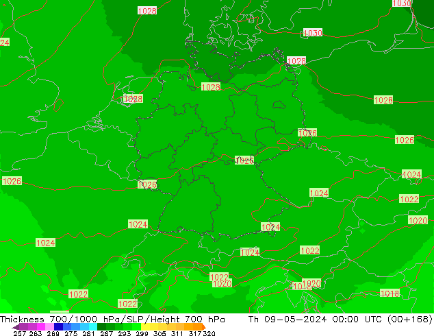 Thck 700-1000 hPa UK-Global Th 09.05.2024 00 UTC