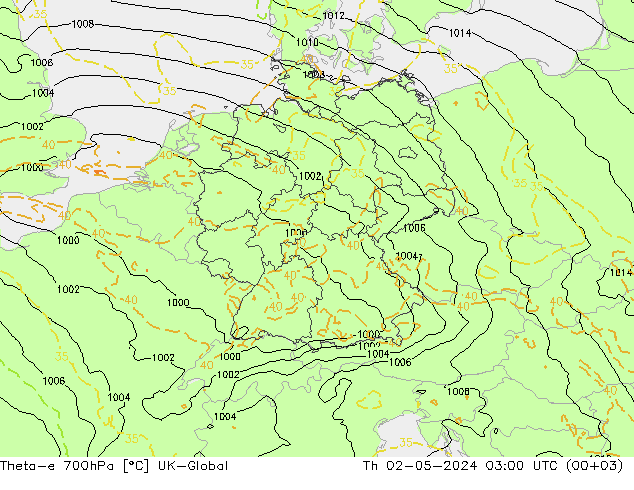 Theta-e 700hPa UK-Global jue 02.05.2024 03 UTC