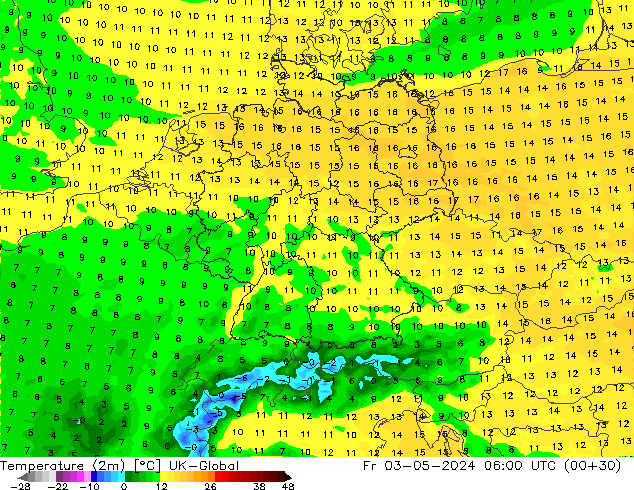 température (2m) UK-Global ven 03.05.2024 06 UTC