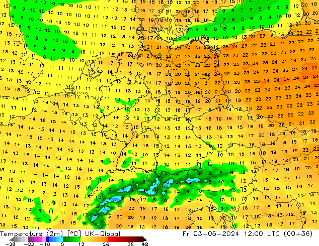 Sıcaklık Haritası (2m) UK-Global Cu 03.05.2024 12 UTC