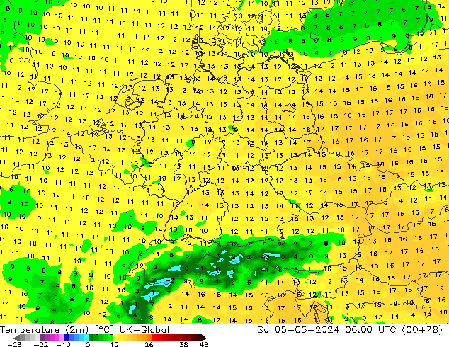 Temperatura (2m) UK-Global Dom 05.05.2024 06 UTC