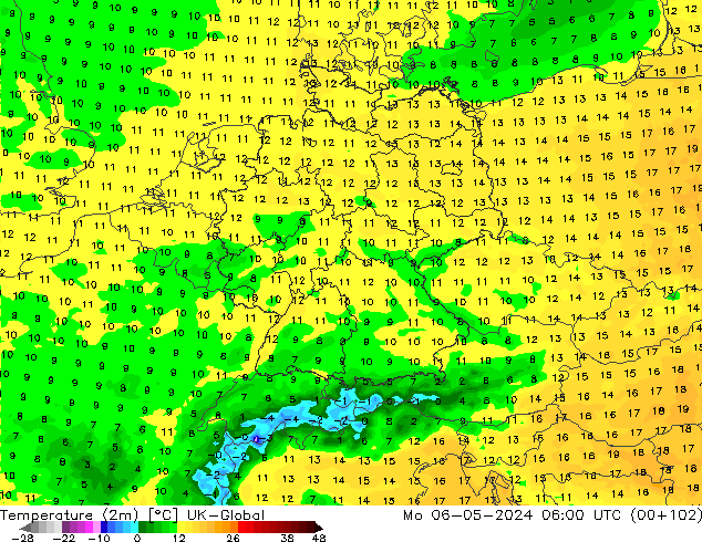 température (2m) UK-Global lun 06.05.2024 06 UTC