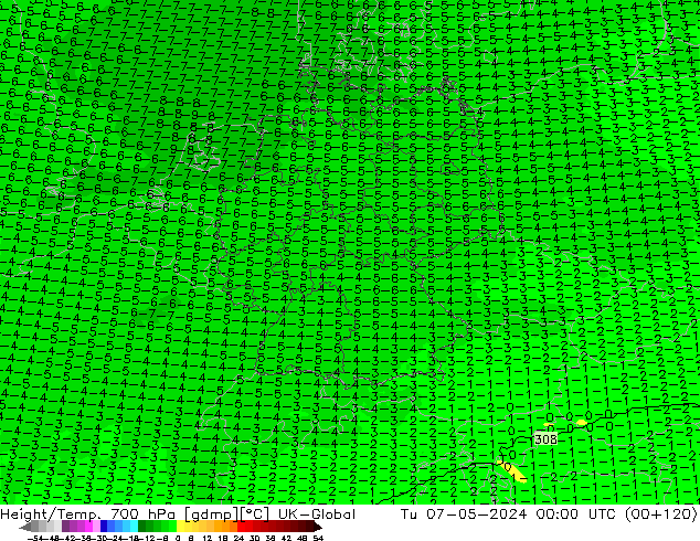 Height/Temp. 700 hPa UK-Global mar 07.05.2024 00 UTC