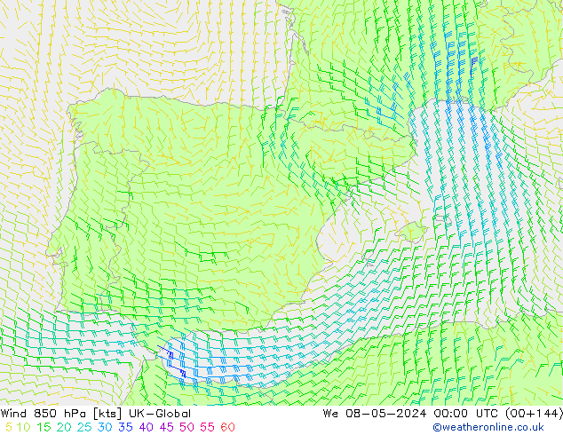 Wind 850 hPa UK-Global wo 08.05.2024 00 UTC