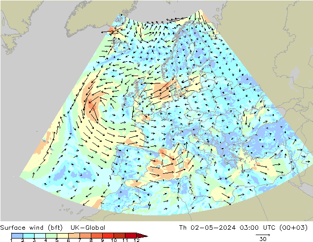 Viento 10 m (bft) UK-Global jue 02.05.2024 03 UTC