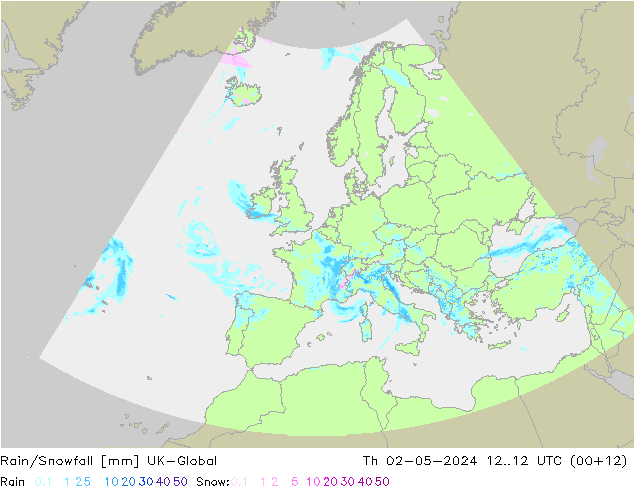 Rain/Snowfall UK-Global Čt 02.05.2024 12 UTC