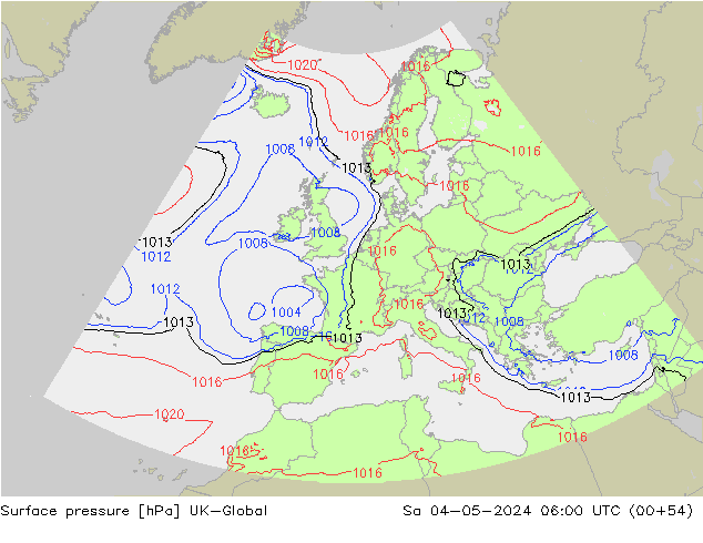 Atmosférický tlak UK-Global So 04.05.2024 06 UTC