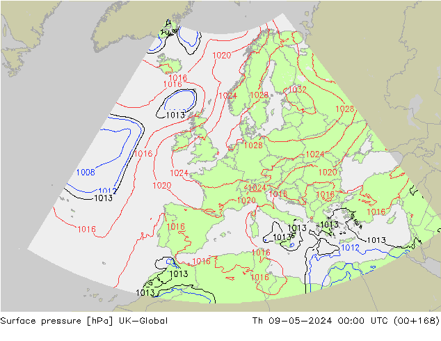 Pressione al suolo UK-Global gio 09.05.2024 00 UTC