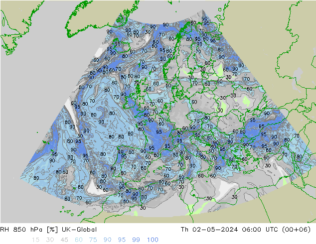 RH 850 hPa UK-Global Do 02.05.2024 06 UTC