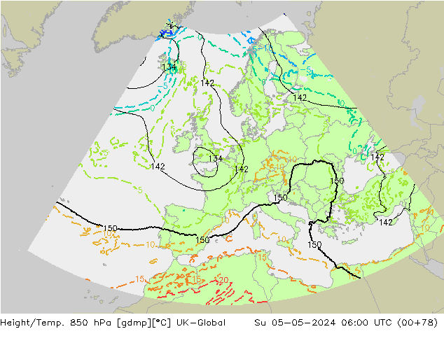 Height/Temp. 850 hPa UK-Global Su 05.05.2024 06 UTC