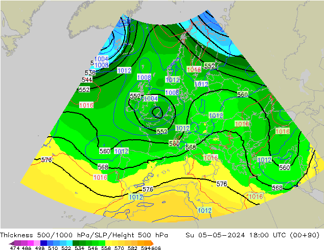 Dikte 500-1000hPa UK-Global zo 05.05.2024 18 UTC
