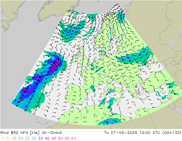wiatr 850 hPa UK-Global wto. 07.05.2024 12 UTC