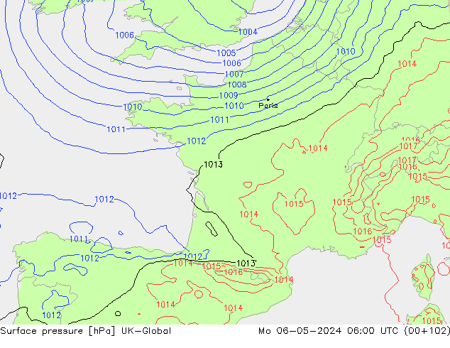 Surface pressure UK-Global Mo 06.05.2024 06 UTC