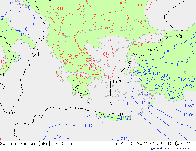 Pressione al suolo UK-Global gio 02.05.2024 01 UTC