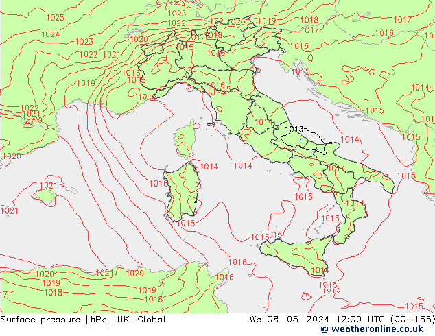 Pressione al suolo UK-Global mer 08.05.2024 12 UTC