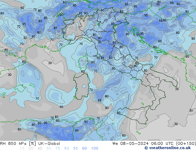 850 hPa Nispi Nem UK-Global Çar 08.05.2024 06 UTC