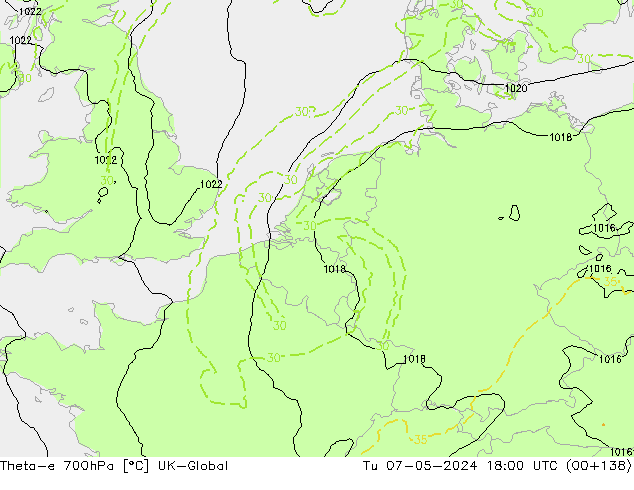 Theta-e 700hPa UK-Global mar 07.05.2024 18 UTC